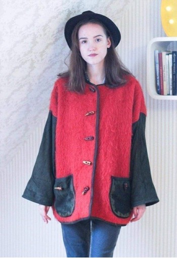 Bright orange and khaki green wool and suede vintage jacket