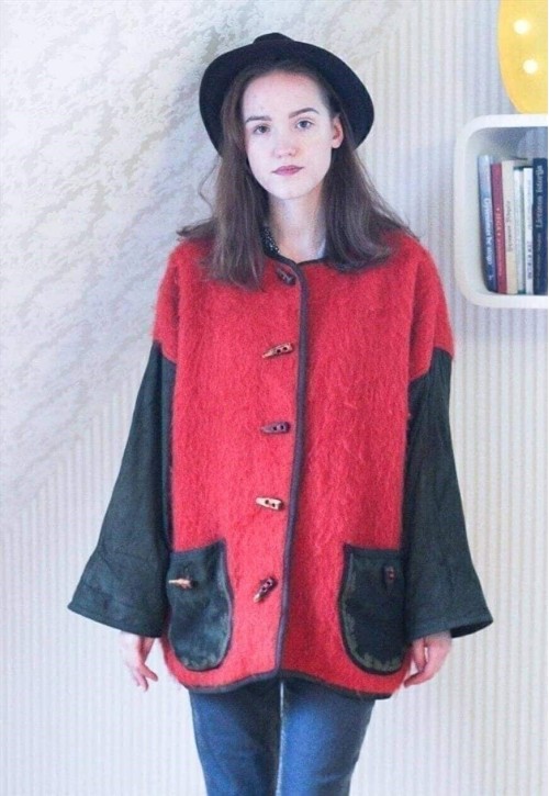 Bright orange and khaki green wool and suede vintage jacket