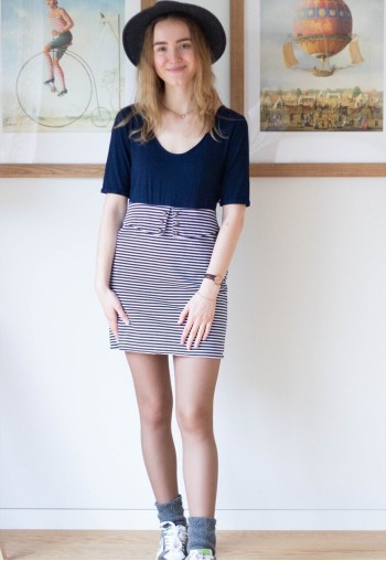 Navy blue striped bottom peplum detail dress
