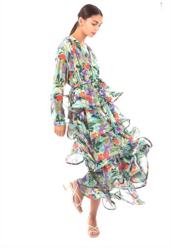 Floral Print Ruffle Multi Layer Hem design maxi long Dress