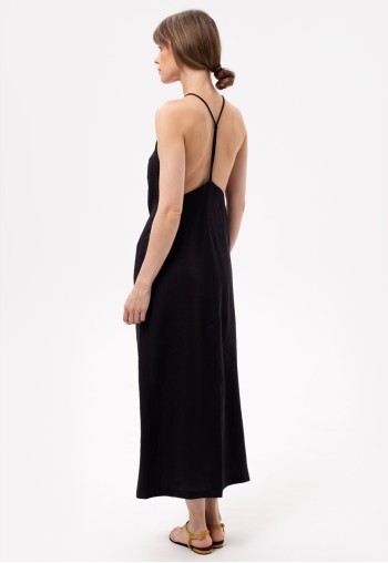 Linen blend slip midi dress women in black