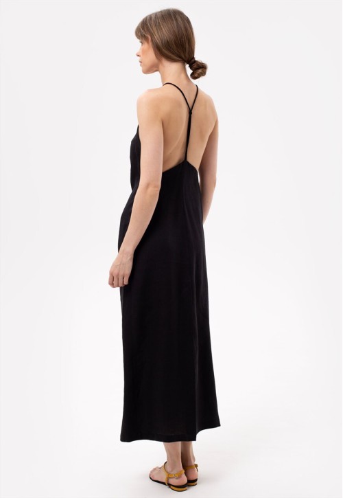 Linen blend slip midi dress women in black