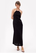 Linen blend slip midi dress women in black