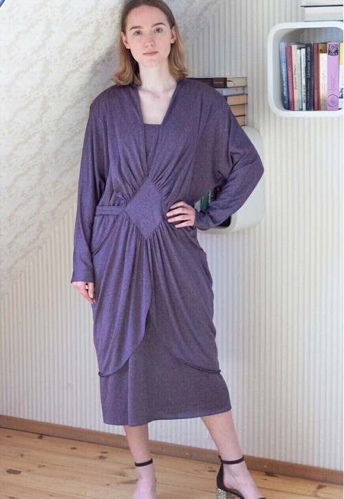 Purple and grey long sleeve belted dress