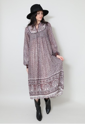70's Vintage Dress Indian Cotton Purple Floral Lurex Midi
