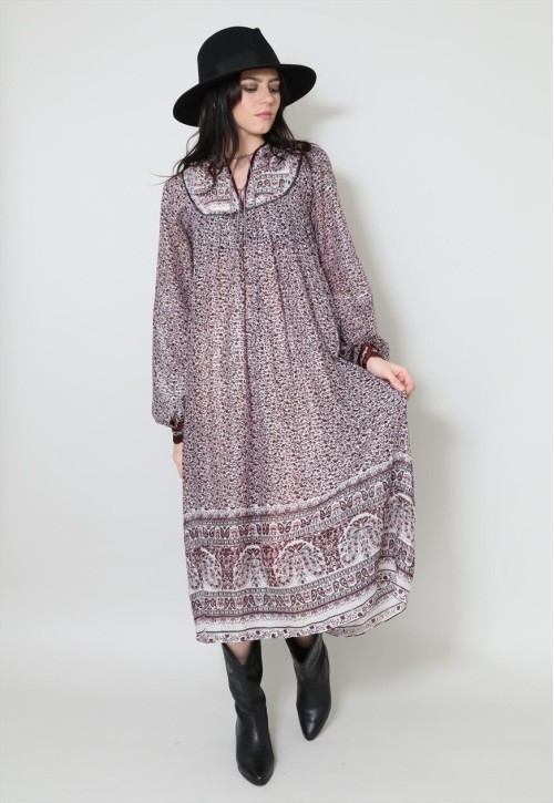 70's Vintage Dress Indian Cotton Purple Floral Lurex Midi