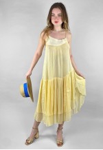 70's Yellow Vintage Cheesecloth Cotton Slip Sun Midi Dress