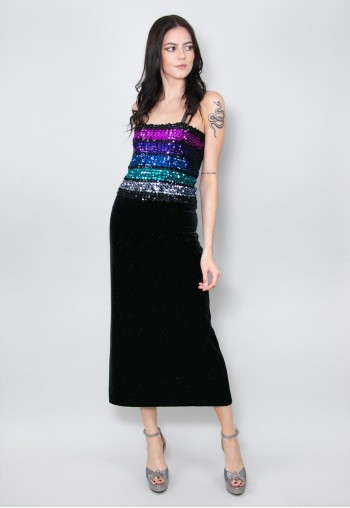 70's Vintage Bandeau Black Velvet Sequin Midi Dress