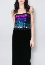 70's Vintage Bandeau Black Velvet Sequin Midi Dress