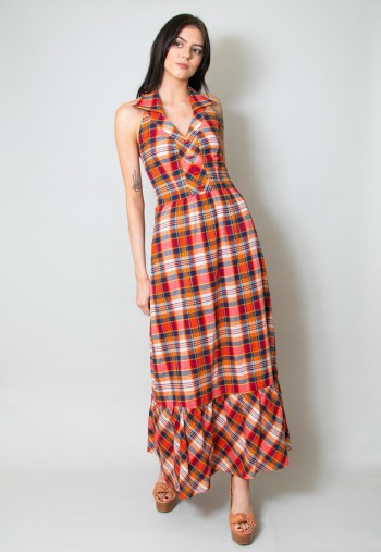 70's Vintage Ladies Halter Neck Check Maxi Dress
