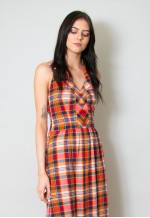 70's Vintage Ladies Halter Neck Check Maxi Dress