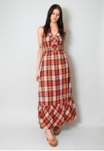 70's Vintage Ladies Halter Neck Check Maxi Dress