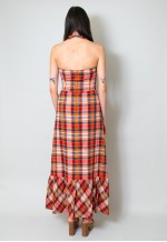 70's Vintage Ladies Halter Neck Check Maxi Dress