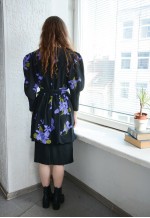 Vintage Black Flower Print Puff Sleeved Midi Dress