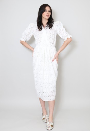 80's Vintage Ladies Dress White Cotton Puff Sleeve Midi