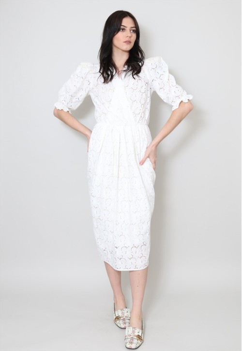 80's Vintage Ladies Dress White Cotton Puff Sleeve Midi