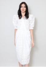 80's Vintage Ladies Dress White Cotton Puff Sleeve Midi