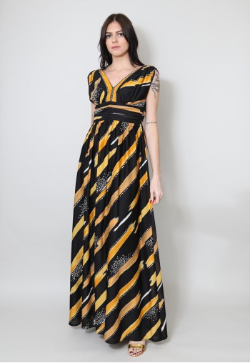 70's Vintage Black Yellow Stripe Sleeveless Maxi Dress