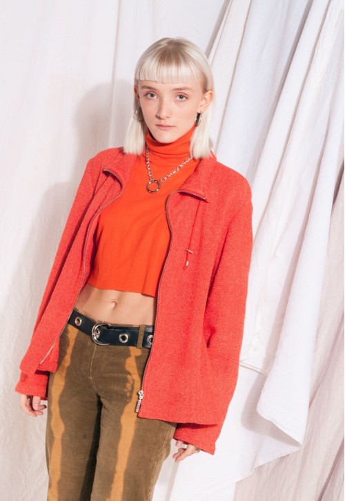 Vintage Blazer Jacket 90s Orange Cotton Cardigan Coat