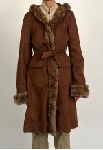 00s Brown Suede Belted Long Coat with Hood and Faux Fur Trim