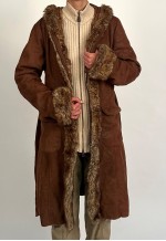 00s Brown Suede Belted Long Coat with Hood and Faux Fur Trim