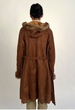 00s Brown Suede Belted Long Coat with Hood and Faux Fur Trim